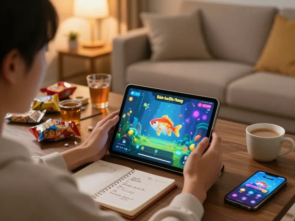Bắn Cá Đổi Thưởng game interface shown on tablet in a cozy home environment.