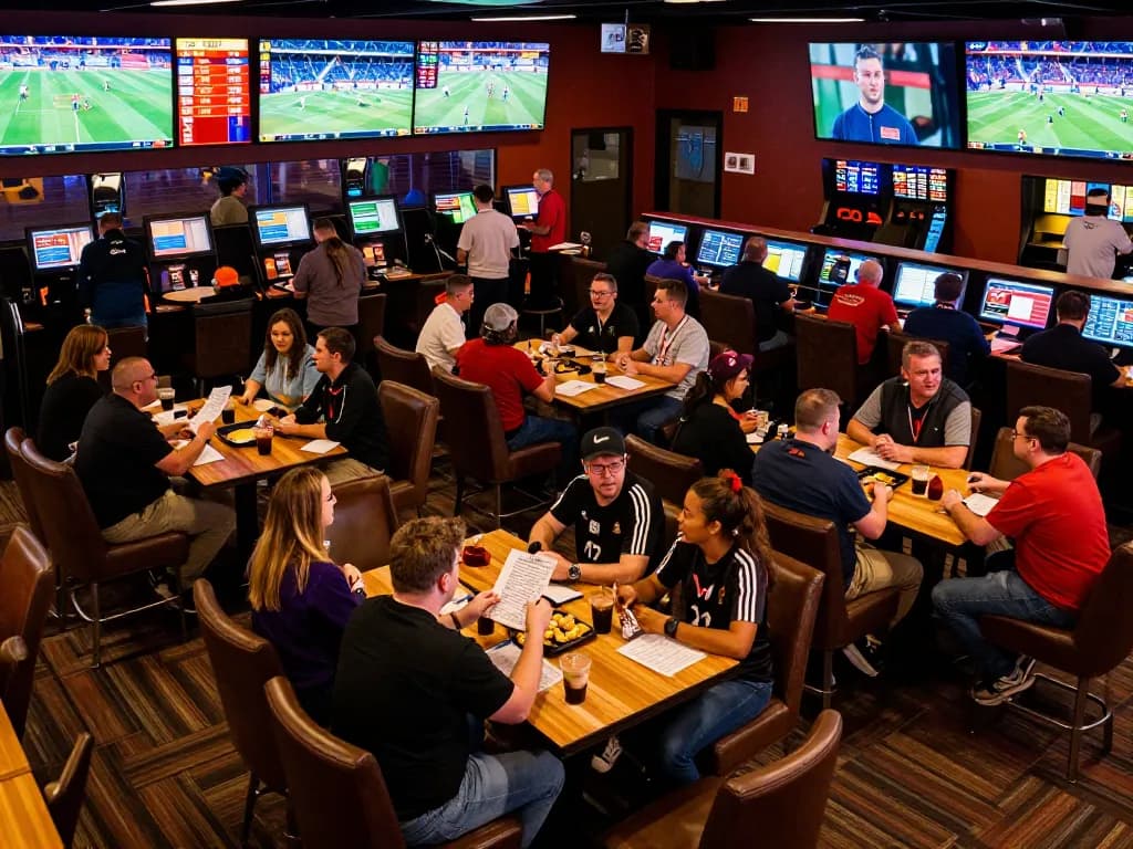 C168 bettors analyzing wagers in a lively sportsbook environment filled with screens and camaraderie.