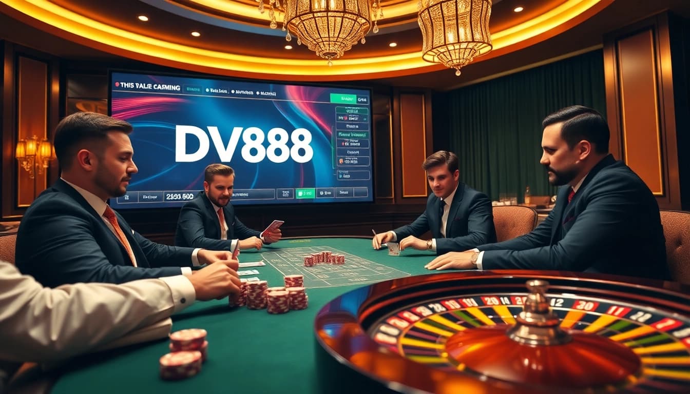 Players enjoying a high-stakes poker game with DV88 interface at a luxurious casino setting.