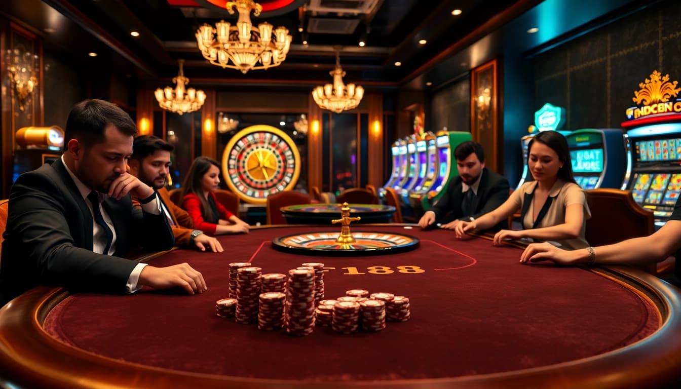 Engaged players at F168 brand poker table amidst a vibrant casino atmosphere.