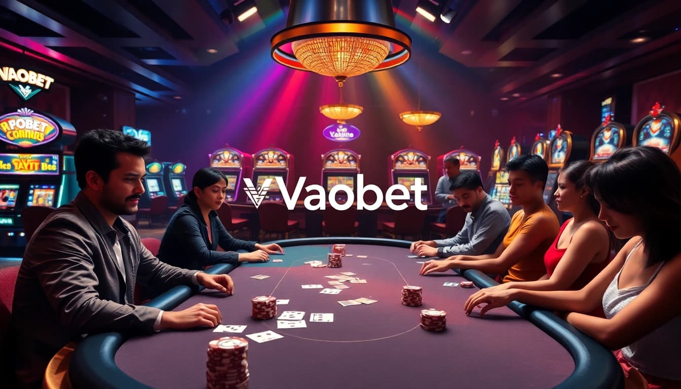 Vaobet poker table with players engaged in a thrilling game in a luxurious casino setting.