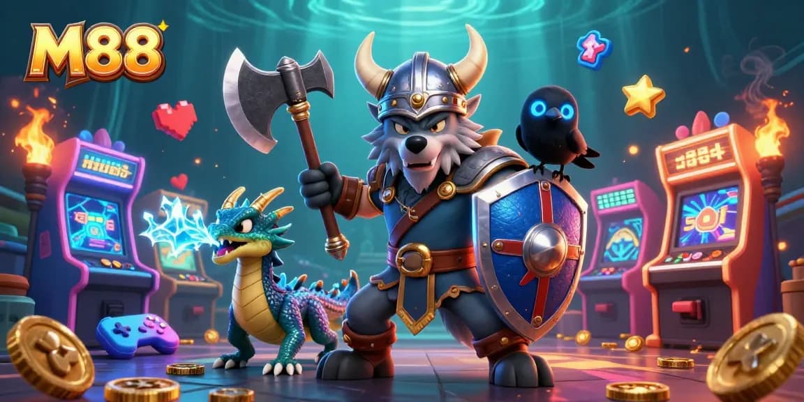 M88 casino adventure featuring a Viking wolf warrior, fierce dragon, arcade games, and vibrant casino elements.