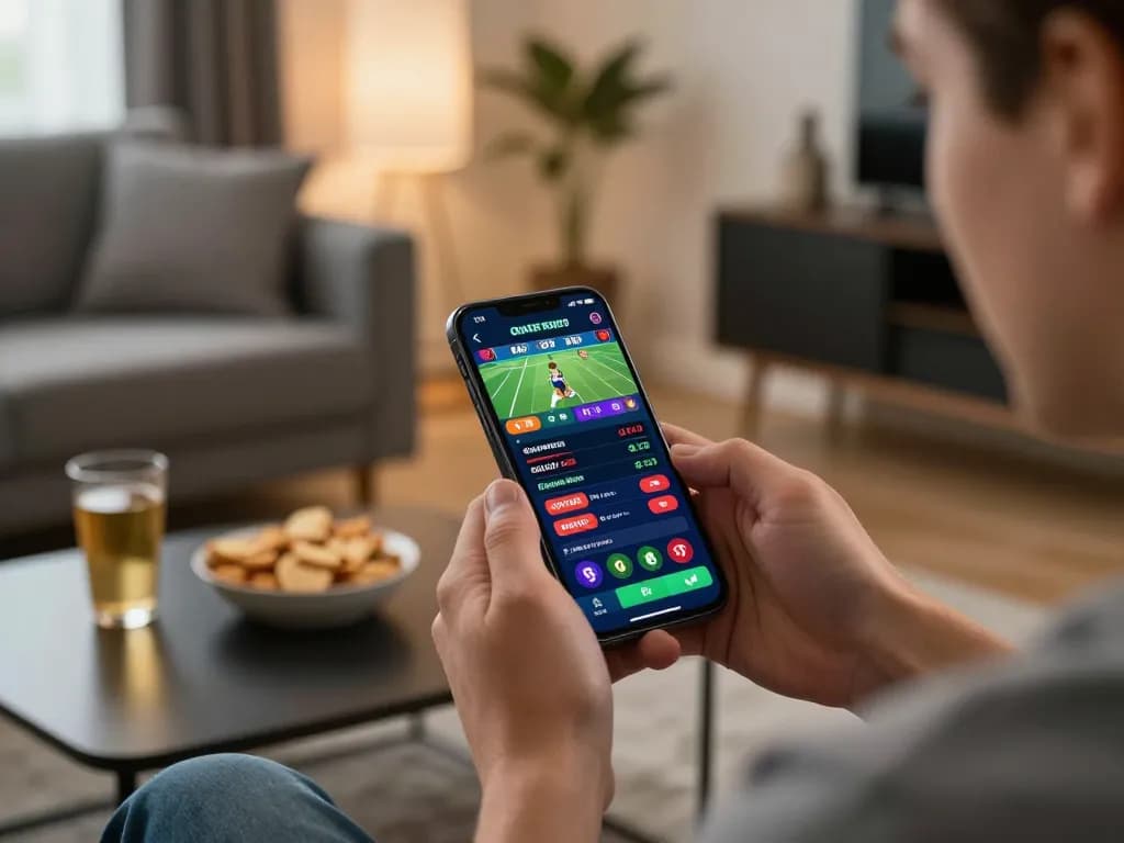 Betting on sports through the Lv 88 app in a cozy home environment, showcasing responsible gaming.