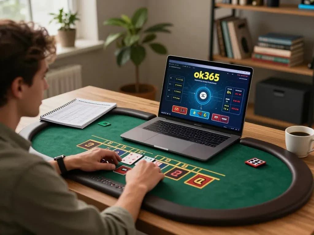 Engaging in online blackjack gameplay at ok365 with strategic betting displayed on laptop.