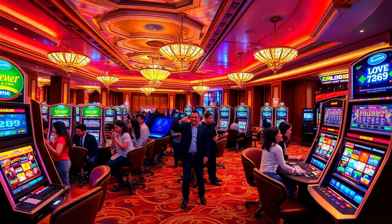 Experience excitement at TR88 com with diverse gamblers enjoying slot machines.