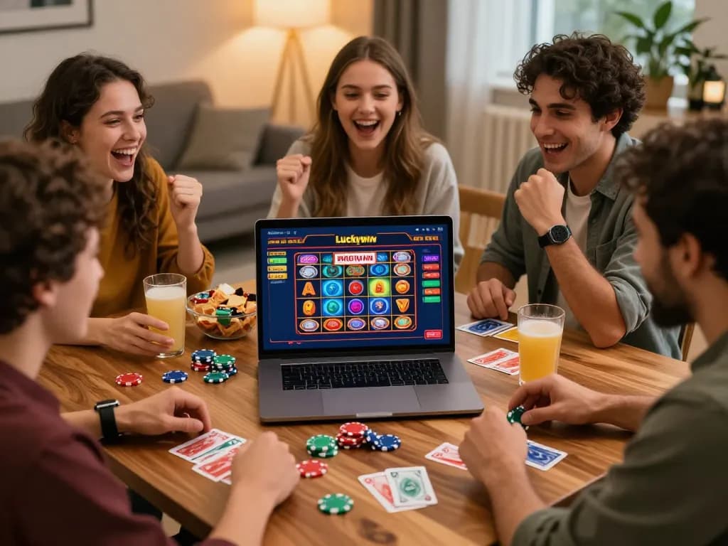Exciting Luckywin online gaming scene with friends enjoying bets and casino games.