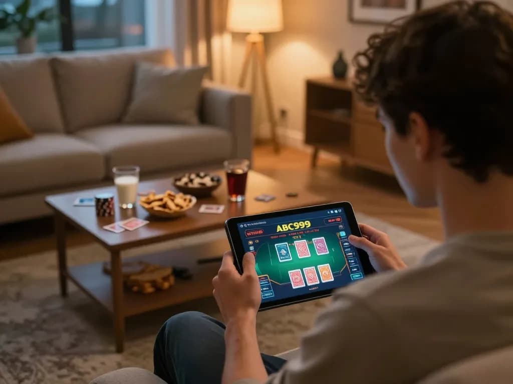 Engaged user experiencing the ABC999 plataforma for strategic online gambling in a cozy home setting.