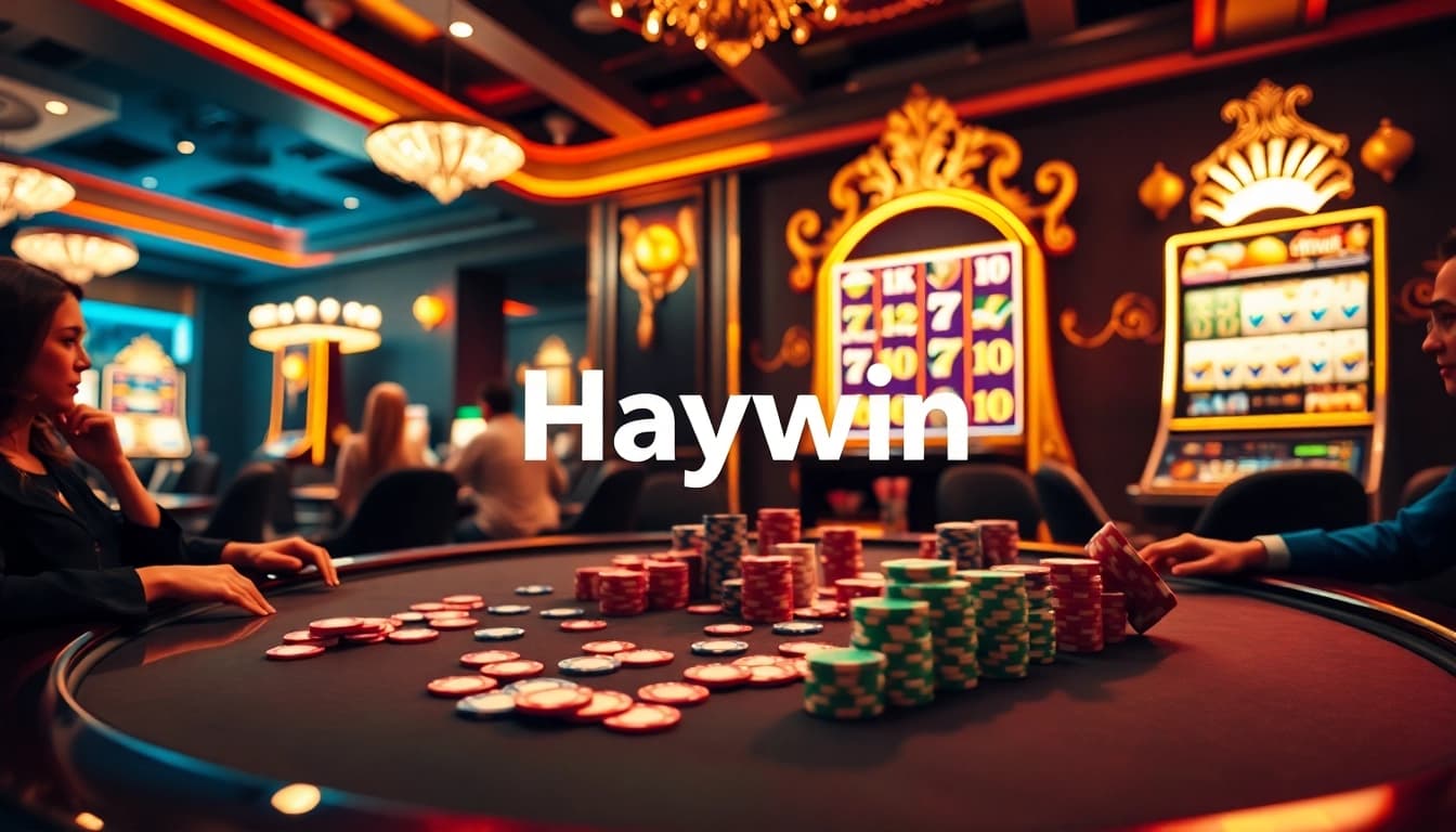 Haywin casino players engage at a luxurious poker table with vibrant chips and cards.