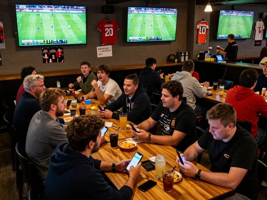 Fans engaging in sports betting at lively sports bar during a footballl game.