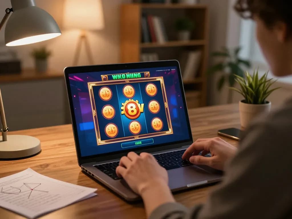 Player enjoying online slots at home, showcasing Nk881 sa com gaming strategies and excitement.