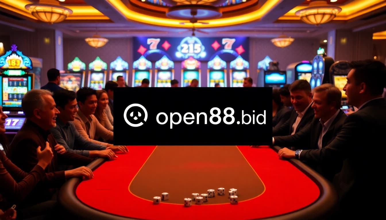 Excited players at a poker table in a luxurious casino, featuring https://open88.bid/ logo on gaming interface.