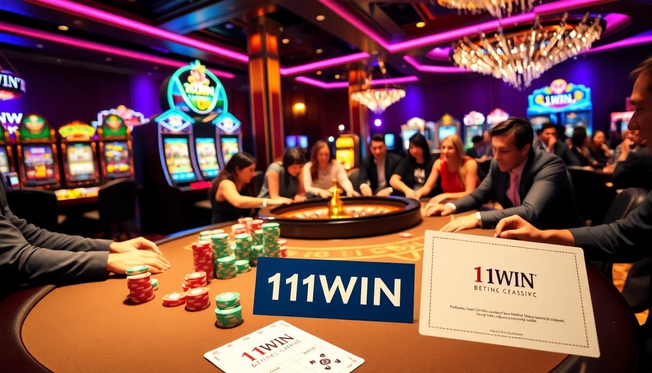 Players enjoying poker at the 11WIN casino table surrounded by bright slot machines.