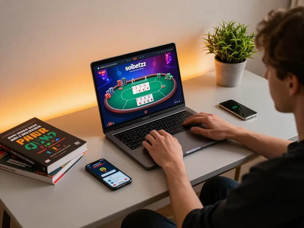 Player engaged in online poker on soibetzz while analyzing strategies and managing bets