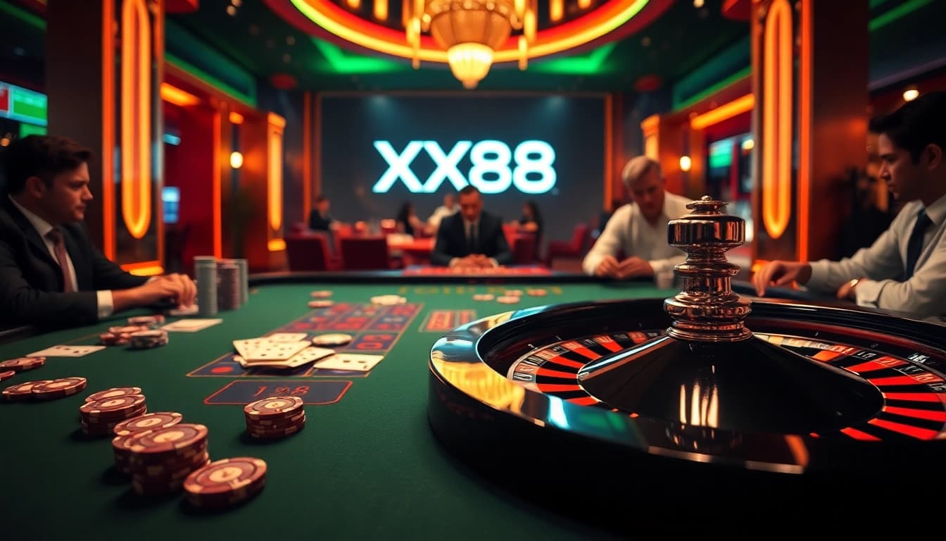 Experience the thrill of gambling with XX88 at a luxurious casino table surrounded by excitement.