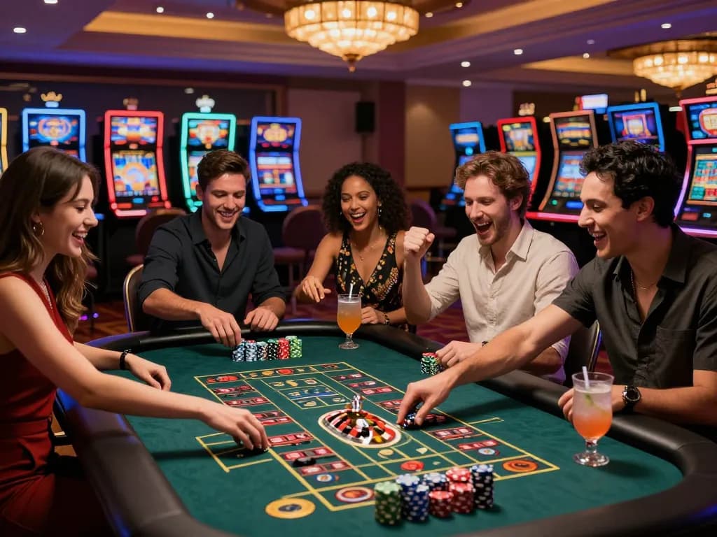 Excited friends at a rikbet gambling table celebrating a big win.