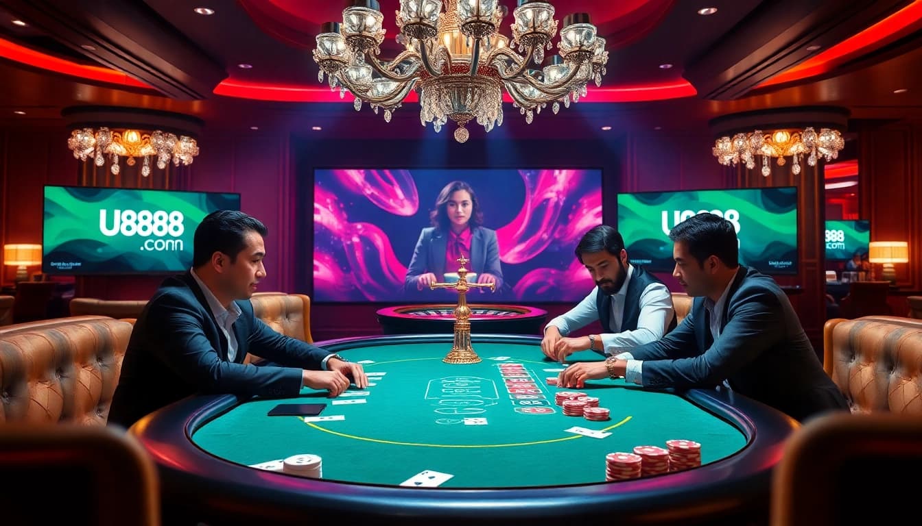 Experience the thrill of U888 com with professional players at a luxurious poker table in a vibrant casino.