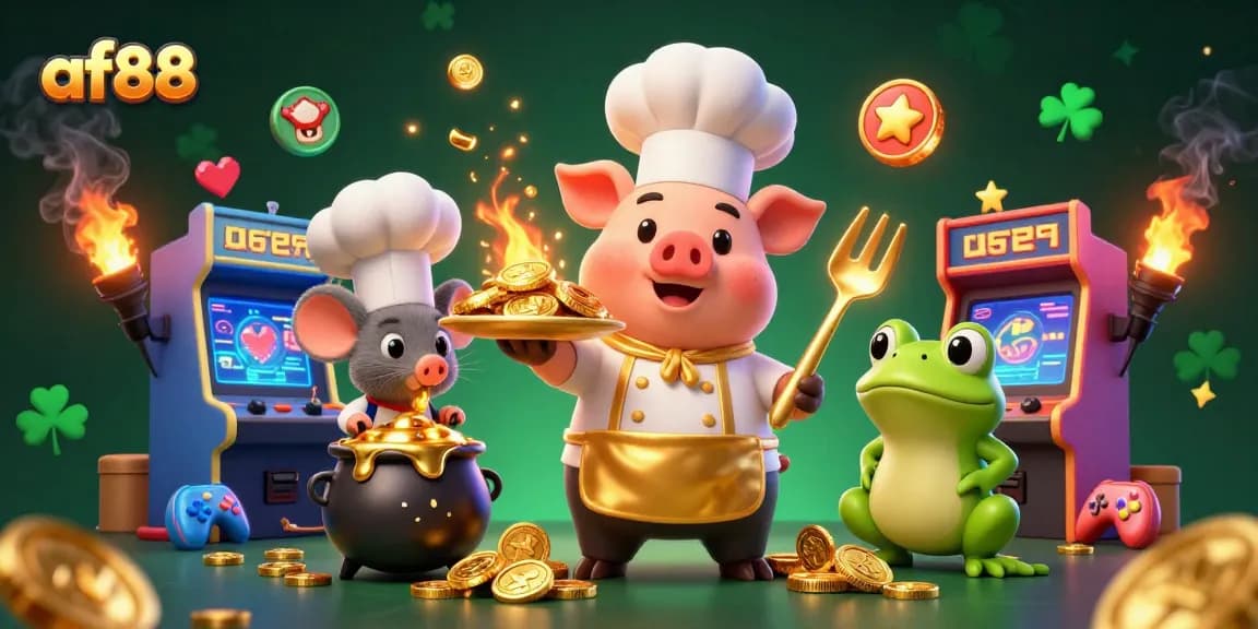 Experience thrilling gameplay with af88 as a chef pig serves golden coins amidst vibrant casino elements.