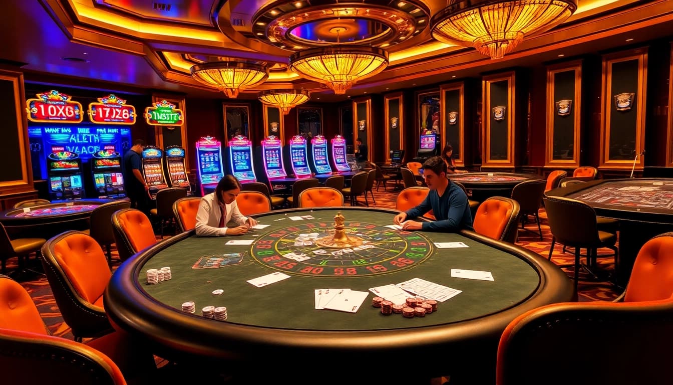 Vaobet casino scene featuring poker players at a vibrant table, luxurious slots, and roulette.