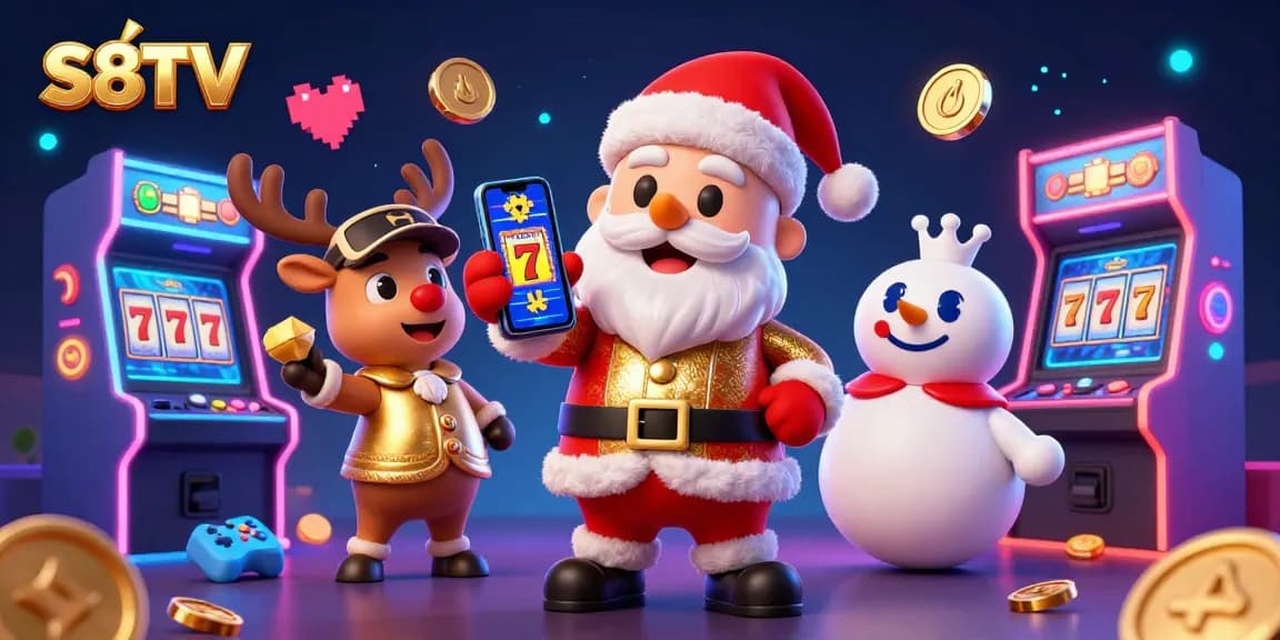 S8TV brings excitement with Santa and friends at a bustling casino, showcasing slot gaming elements.