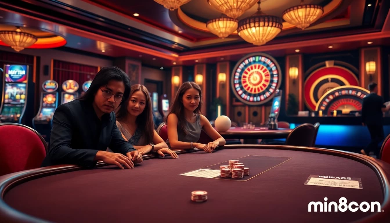 Experience high-stakes action at min88 com with diverse players focused on a luxurious poker table.