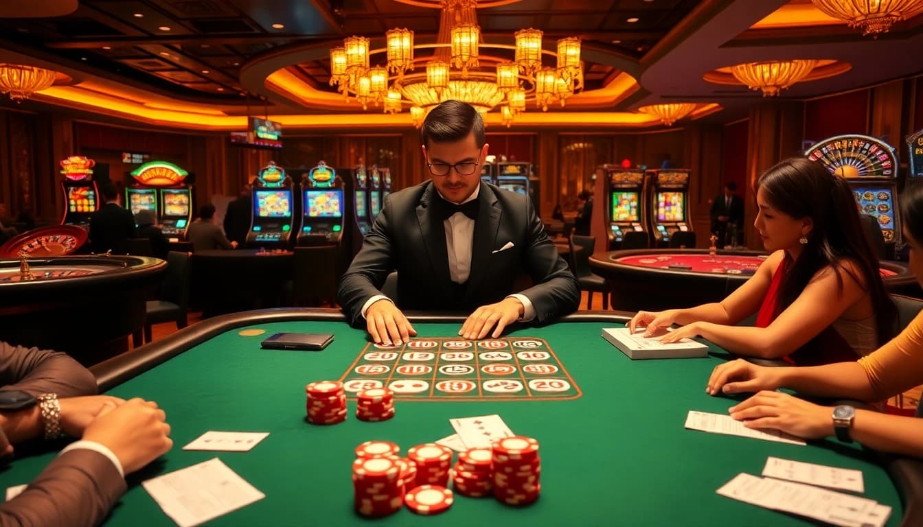 Engaged players at hm88 table game with chips and roulette wheel in a luxurious casino.