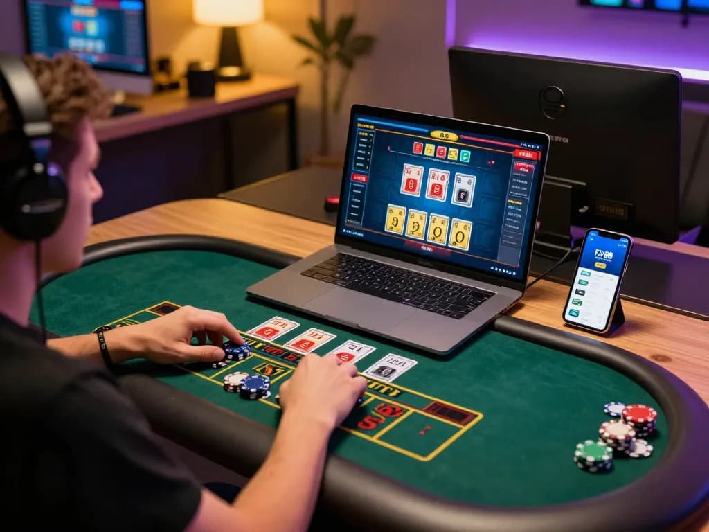 Engaging in online gaming on laptop with fly88 app visible, dynamic casino experience.