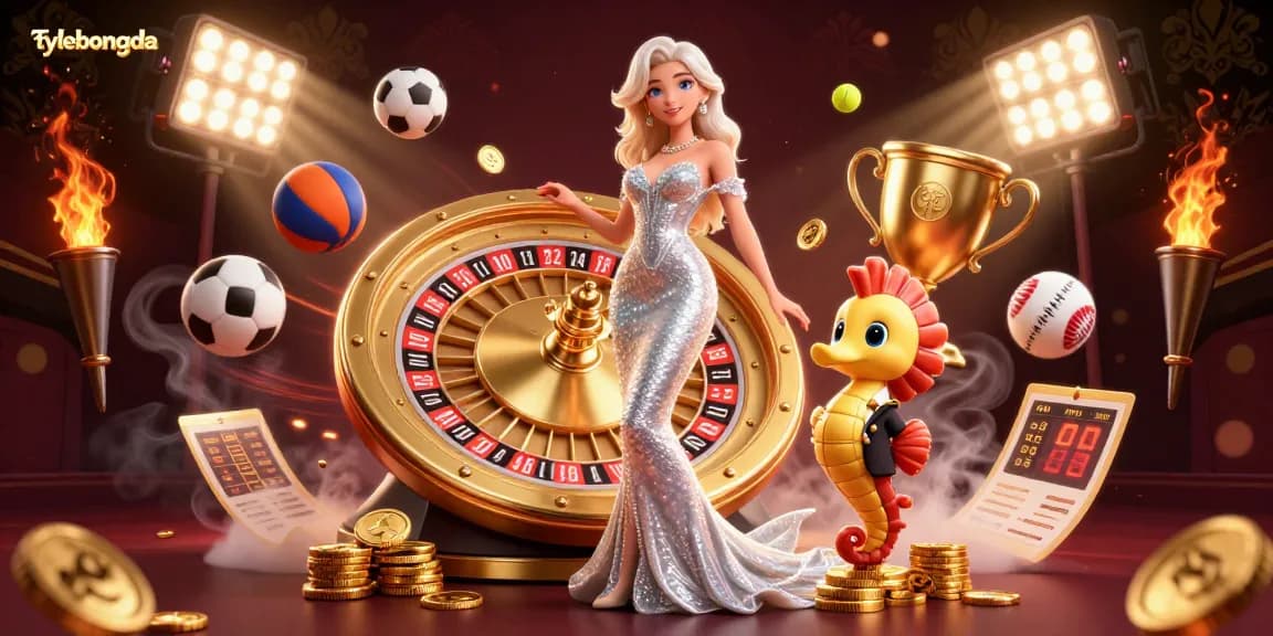 Experience thrilling betting with tylebongda—stunning woman beside a golden roulette wheel and sports elements.