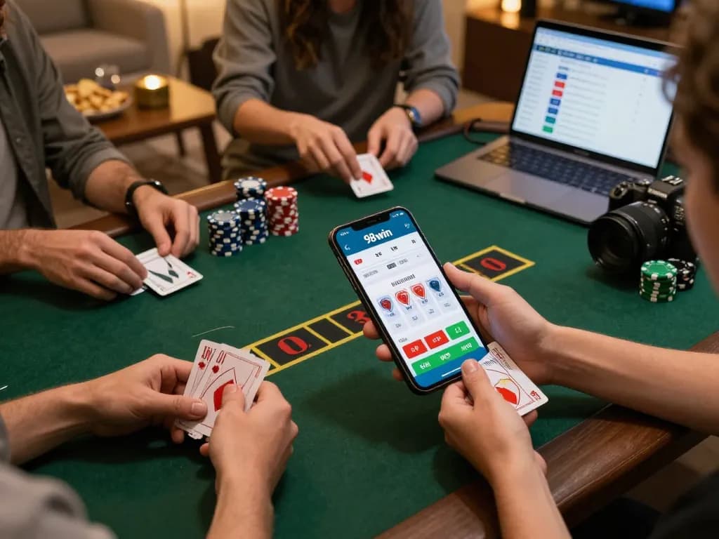 Playing blackjack on the 98win app, showcasing exciting gameplay with strategic bets and chips.