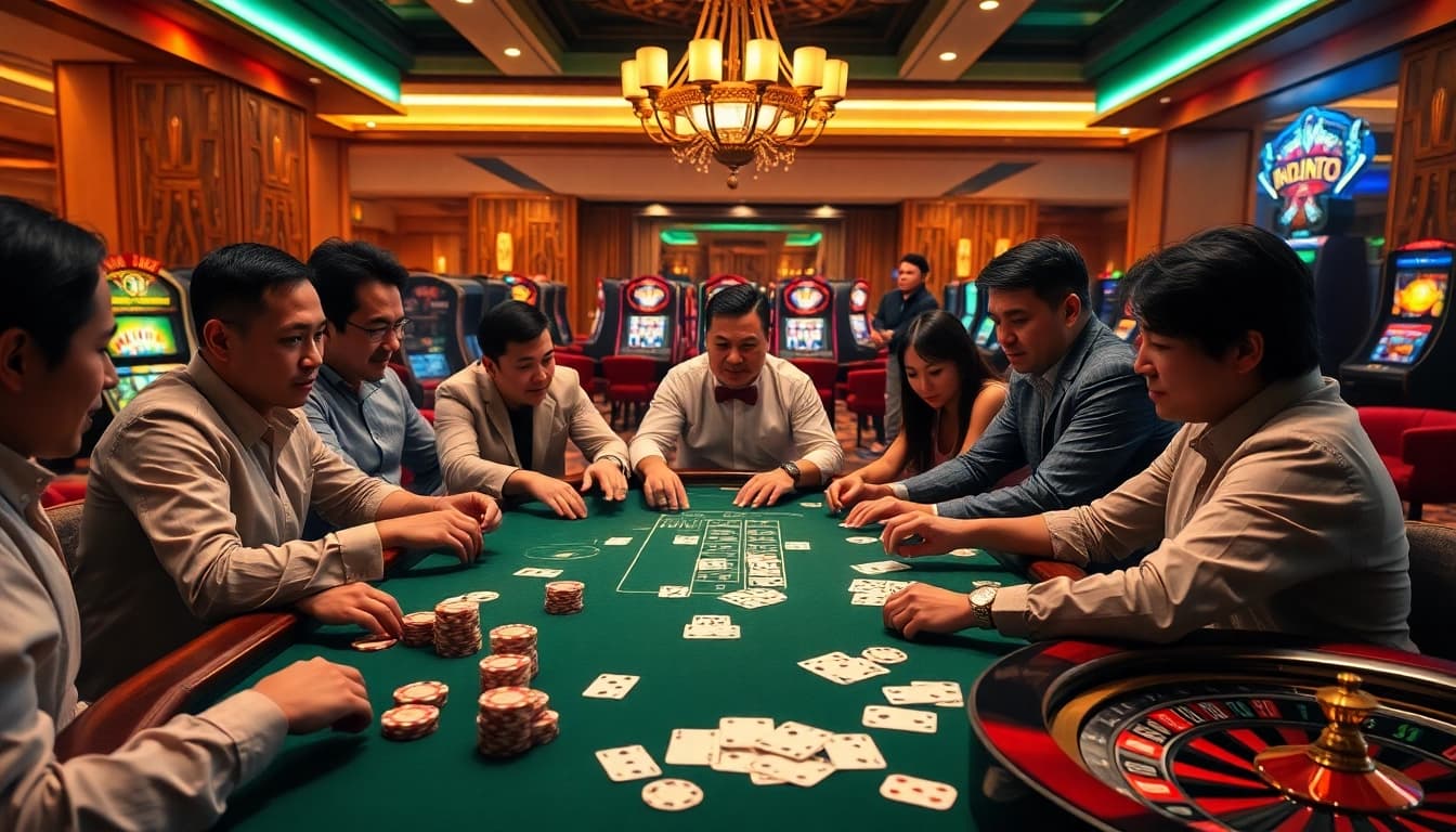 Exciting poker game scene showcasing high-stakes action at https://thabethome.com/ with players, cards, and chips.