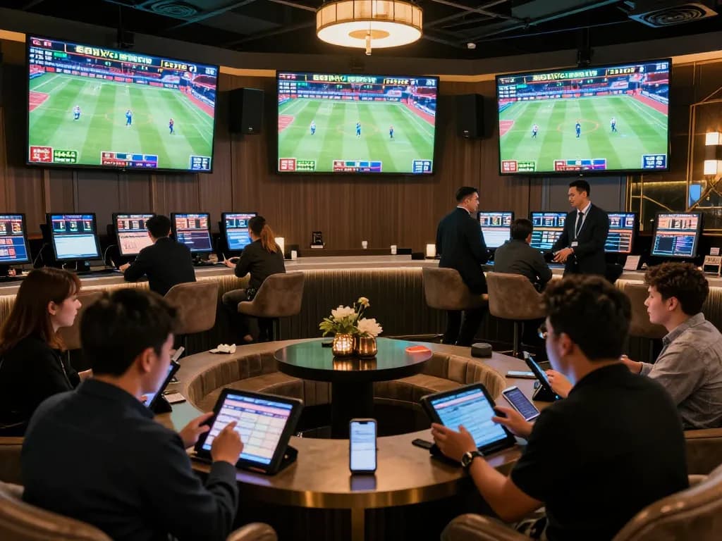Engaging sports bettors analyzing odds at keonhacaii88 sports betting lounge with large screens.