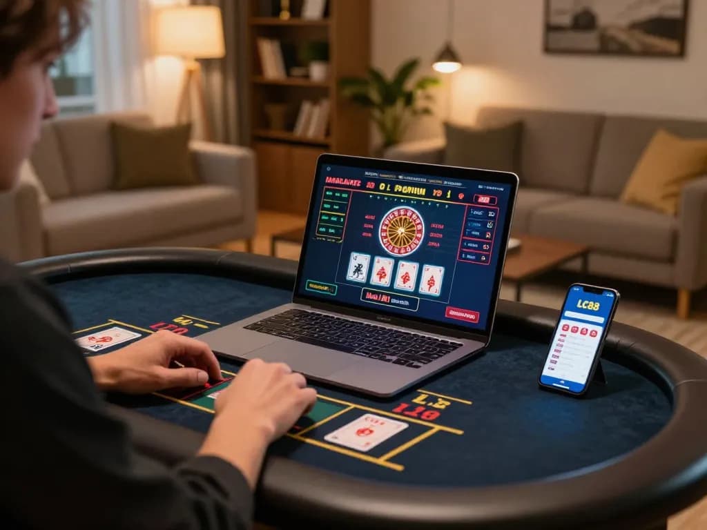 Player enjoying immersive LC88 live dealer game on laptop in stylish home setup