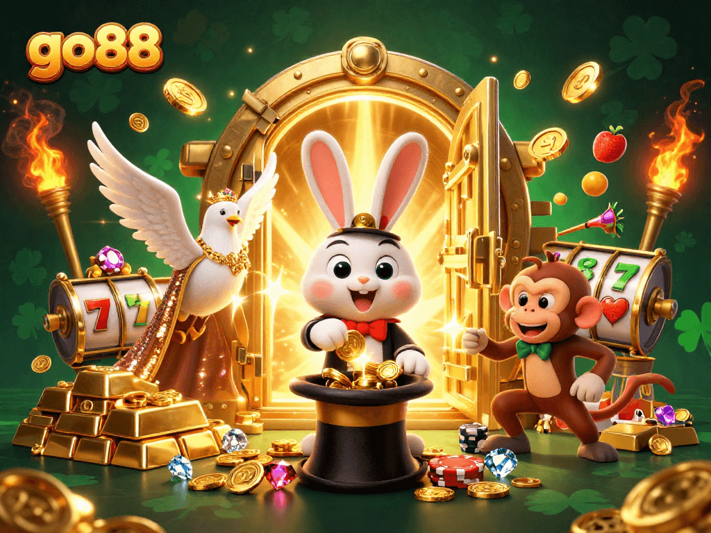 Experience the thrill of go88 with a vibrant casino scene featuring a magician rabbit and a dove.
