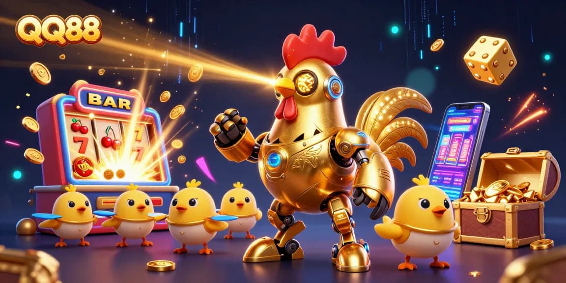 Experience thrilling gaming with QQ88's dynamic casino features in an energetic 3D illustration.
