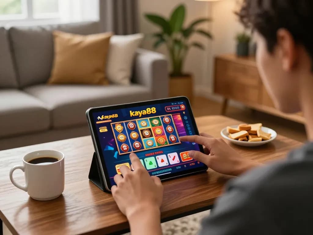 Kaya88 Malaysia player enjoying online casino games on tablet in cozy home setting