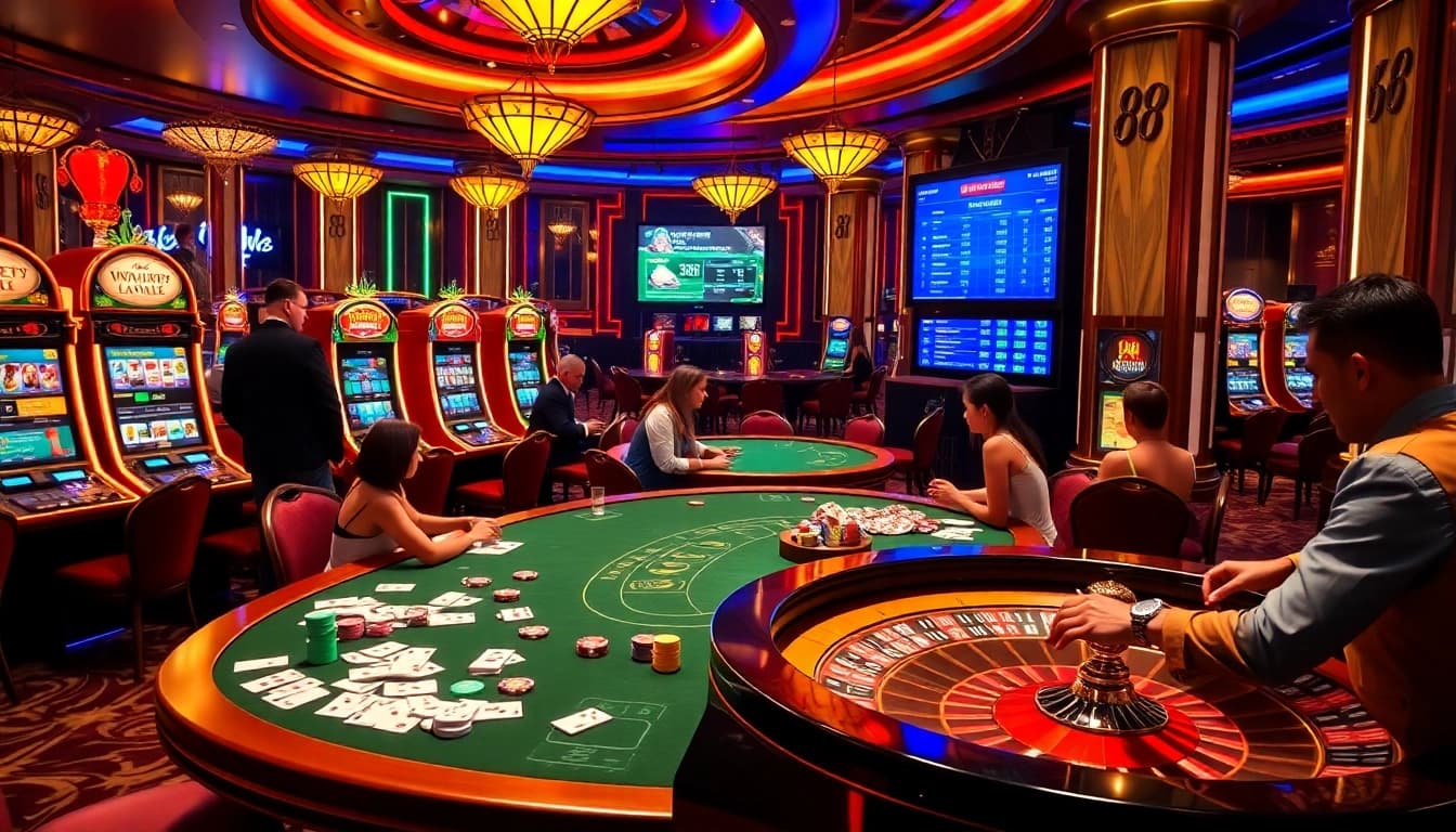 Experience exhilarating gameplay at LC 88 with vibrant casino tables and spinning roulette.
