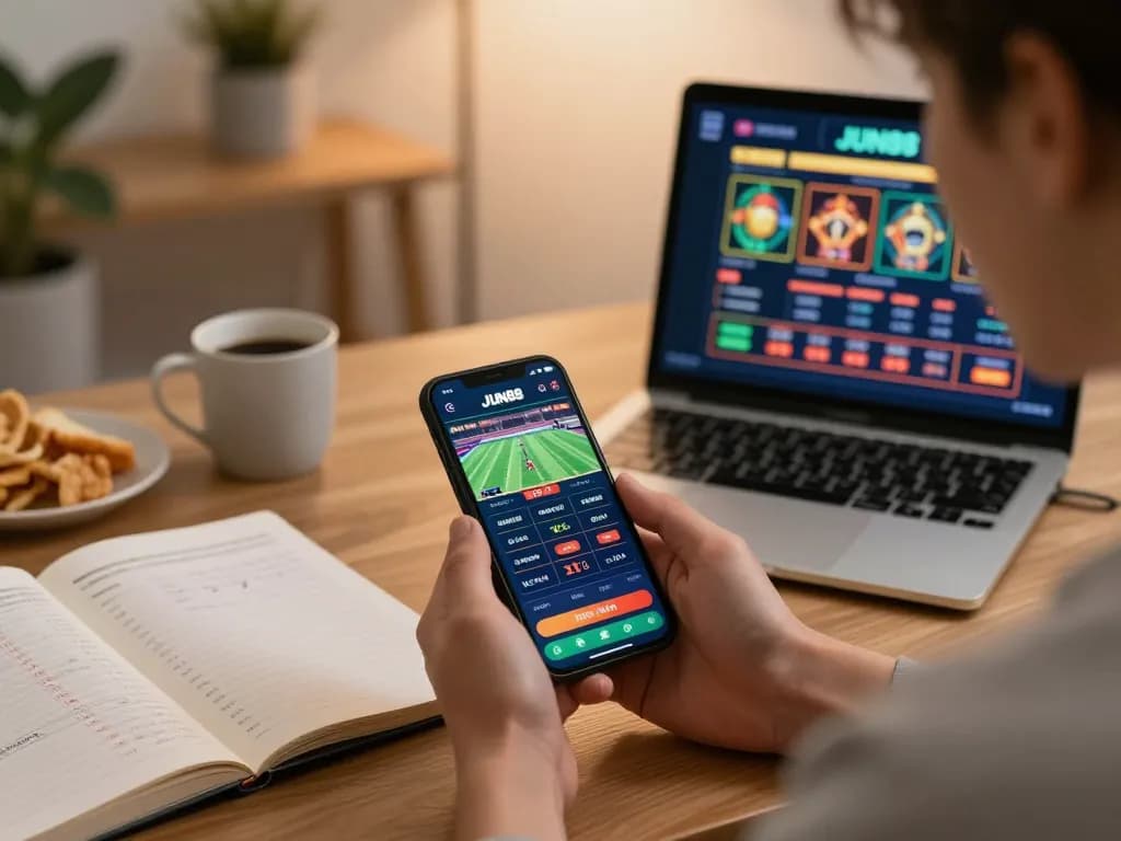 Player using the JUN88 app for exciting online betting, surrounded by gaming strategy notes.