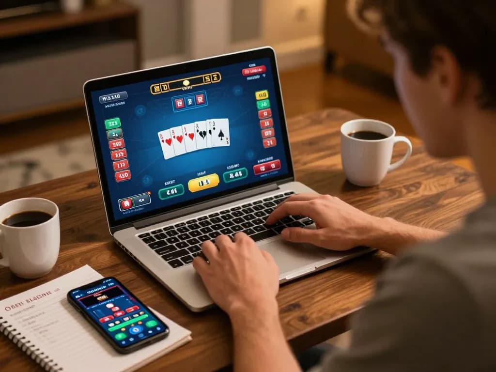 Player strategizing on 69vn poker table using a laptop and smartphone for online casino gaming