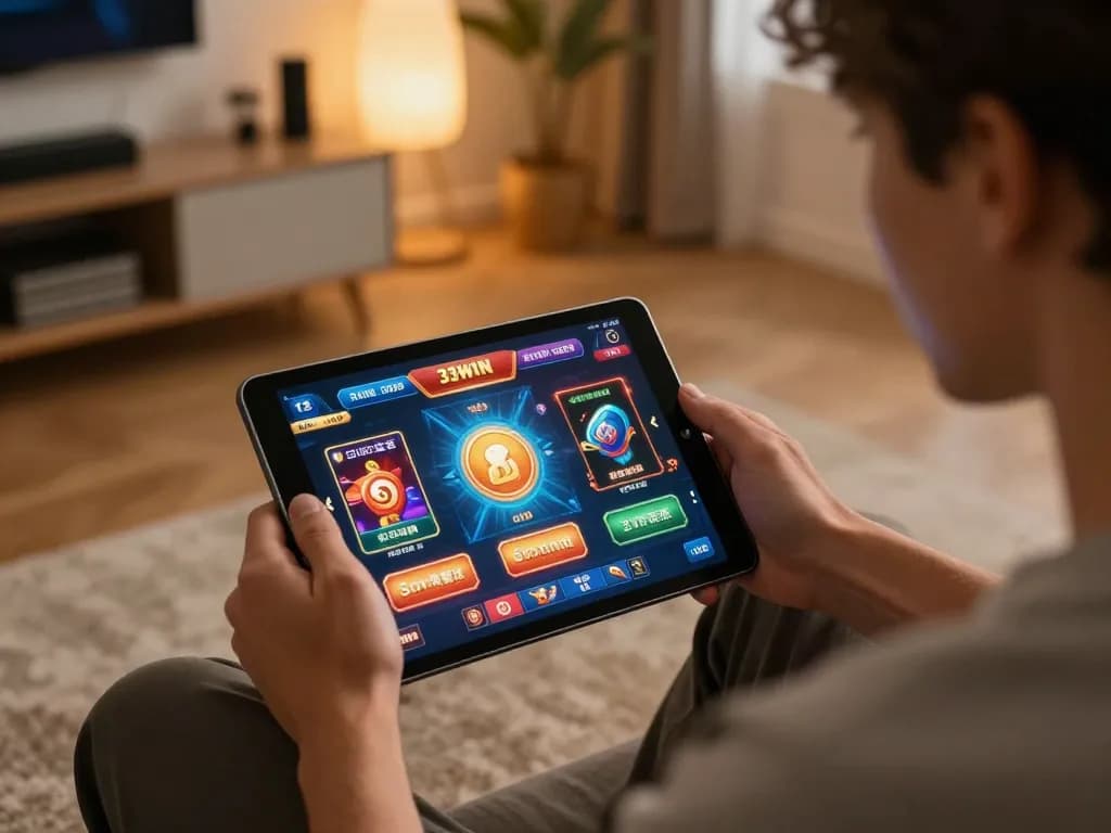 Engaged player using 33WIN tablet app for immersive online gaming experience.