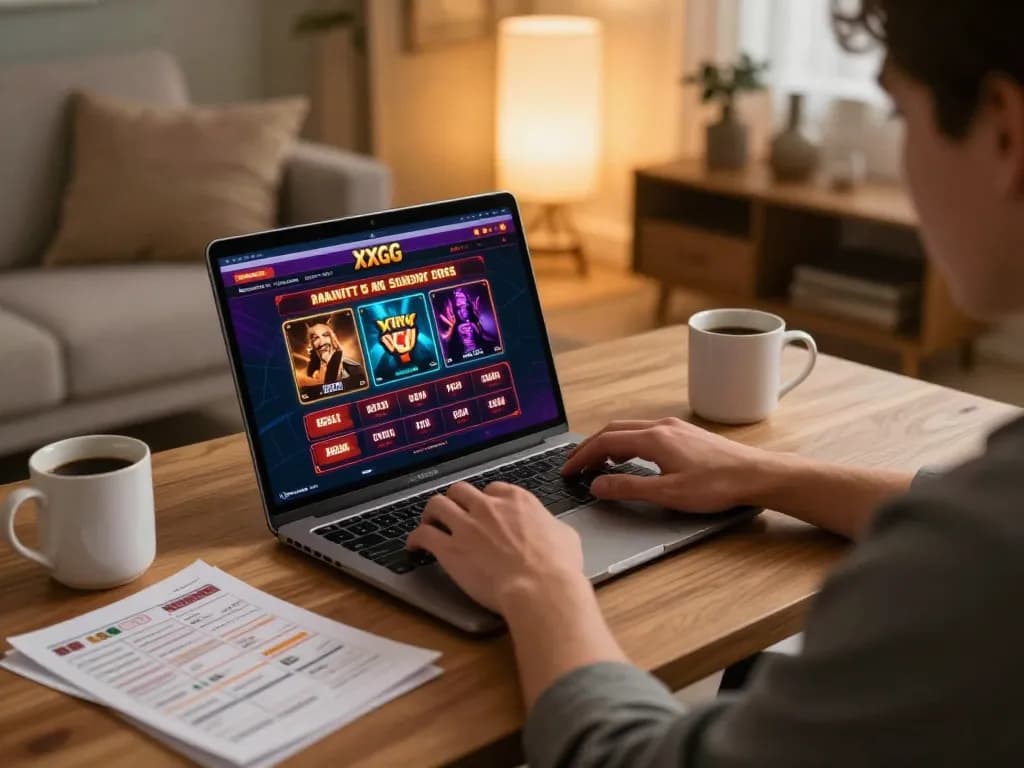 Person engaging with XXGG online casino, showcasing lively graphics and cozy home settings.