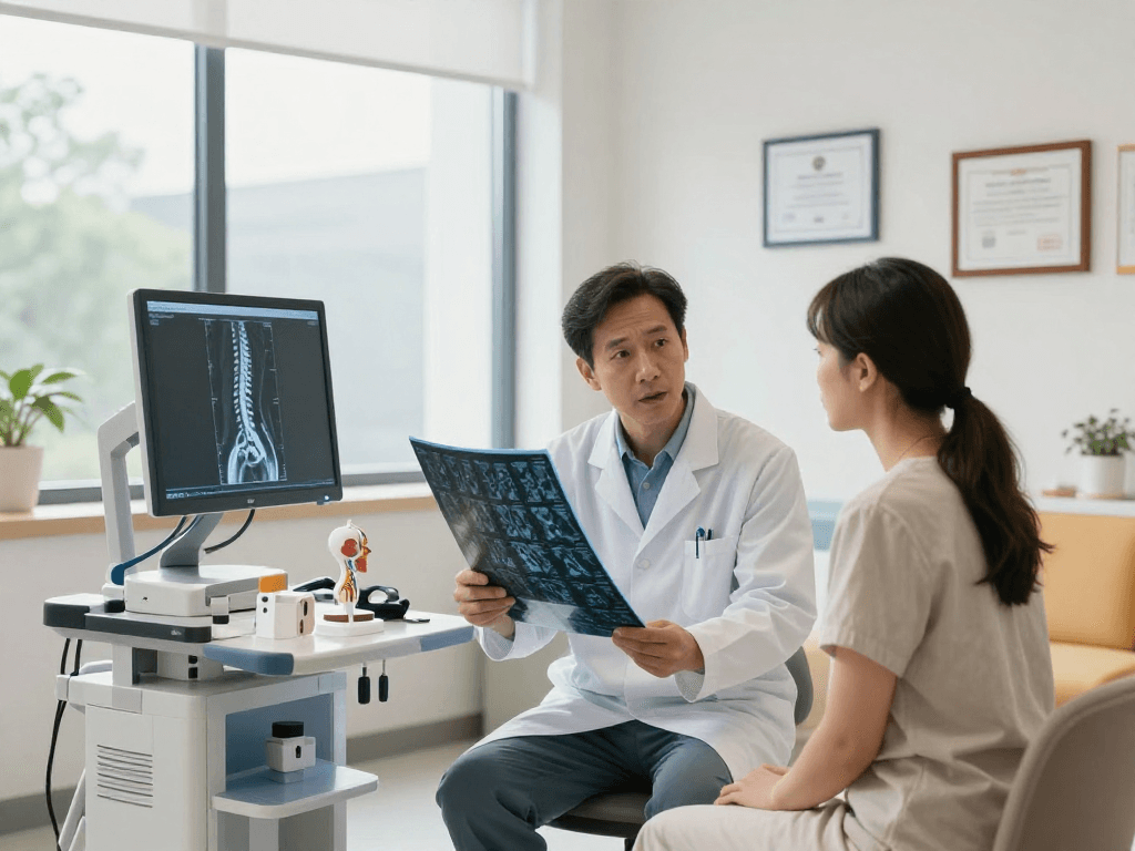 Spine specialist discussing treatment options with a patient in a modern clinic.