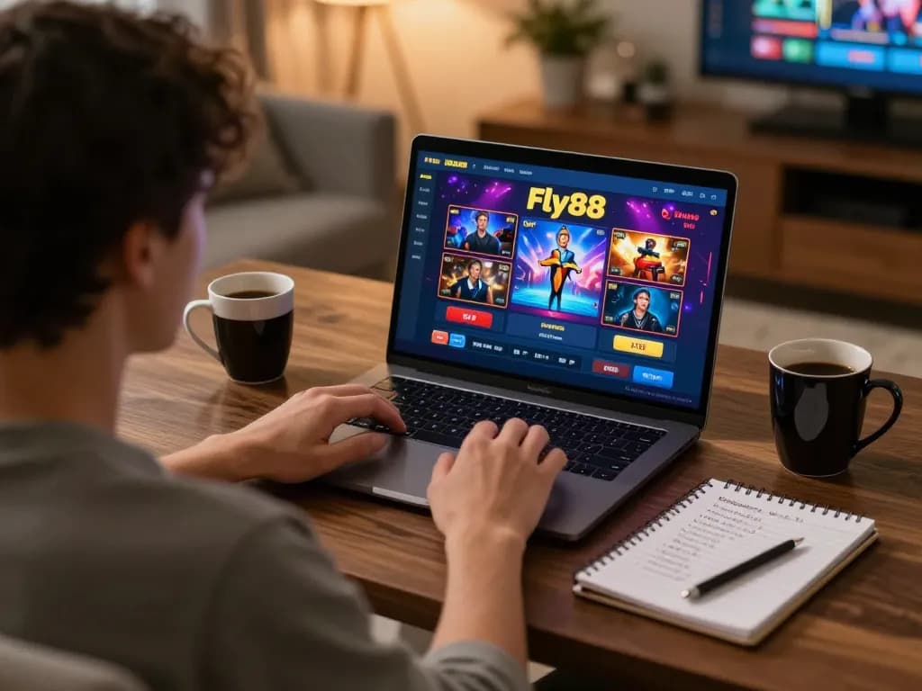 Engaging in exciting gameplay at fly88 casino from a cozy home environment with laptop and notes.