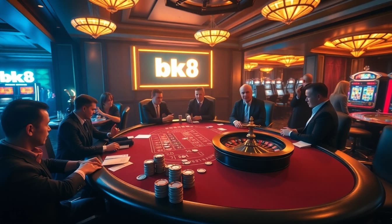 Experience the thrill of gambling at BK8 with a vibrant poker table scene.