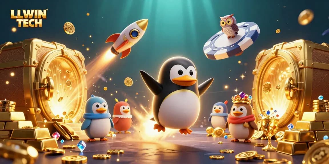 Experience the thrill of LLWIN TECH with an ultra-detailed illustration of a golden penguin and casino elements.