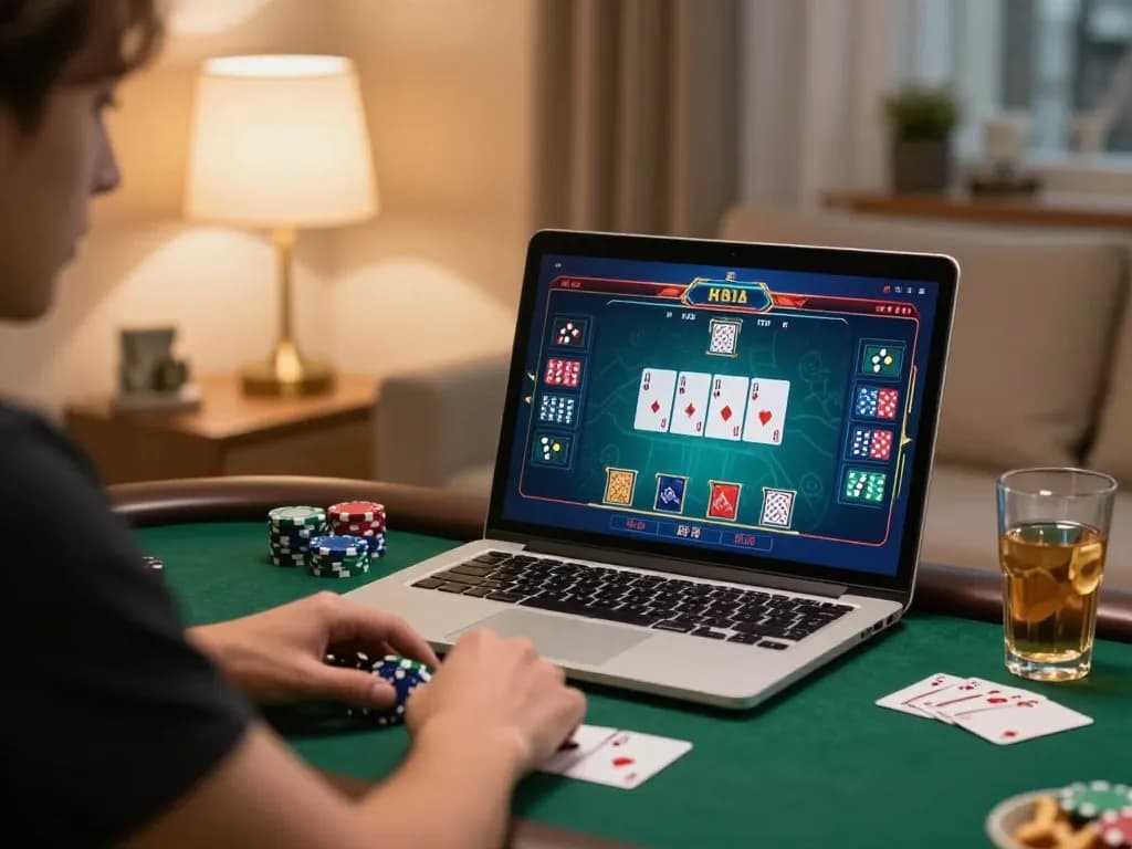 Player enjoying online poker at https://gg88.cn.com/ in a cozy home with warm lighting and modern decor.
