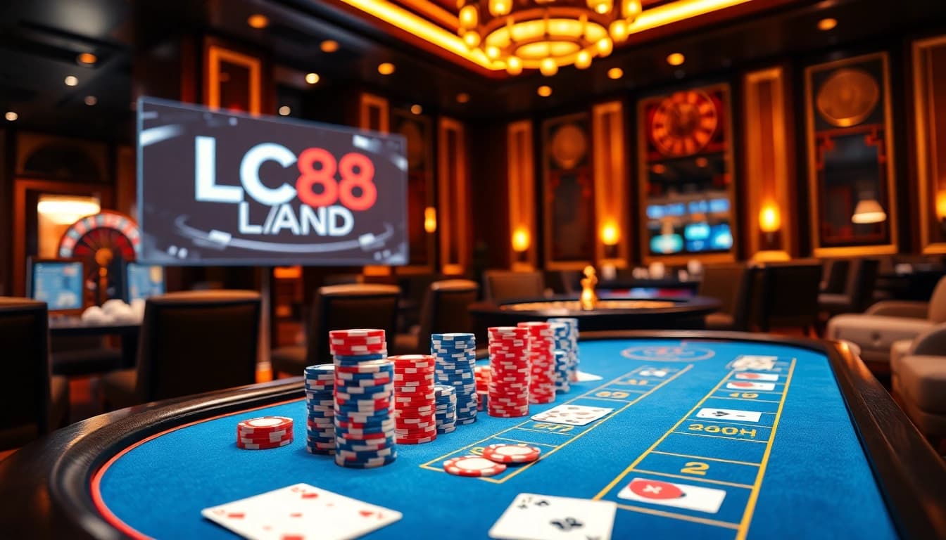 Experience the thrill of gambling at LC88 Land with immersive casino visuals showcasing poker chips and roulette.