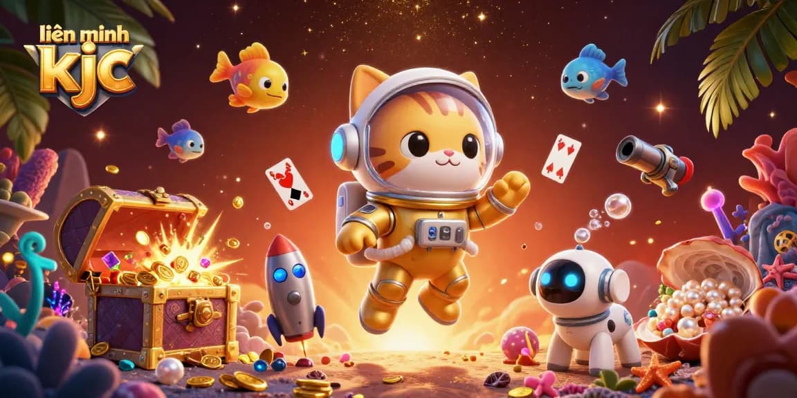 Experience the vibrant universe of liên minh kjc with a golden astronaut cat, robot dog, and thrilling casino elements.