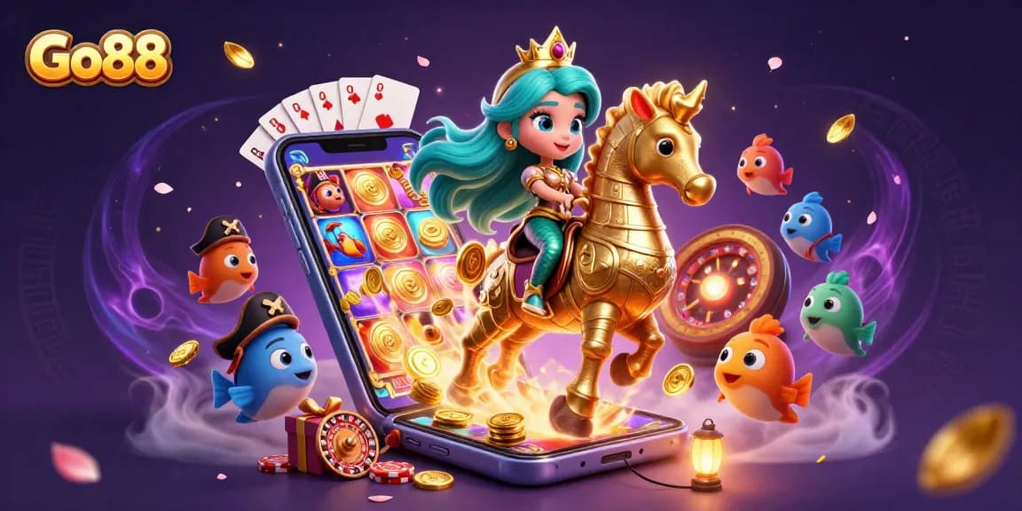 Engage with Go88’s vibrant gaming world featuring a mermaid princess and casino-themed elements.