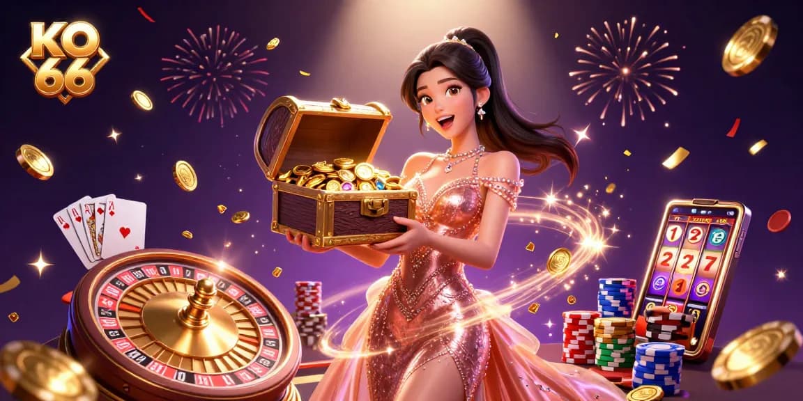 Win big with KO 66 as a stunning Asian woman showcases treasure in a vibrant casino scene.