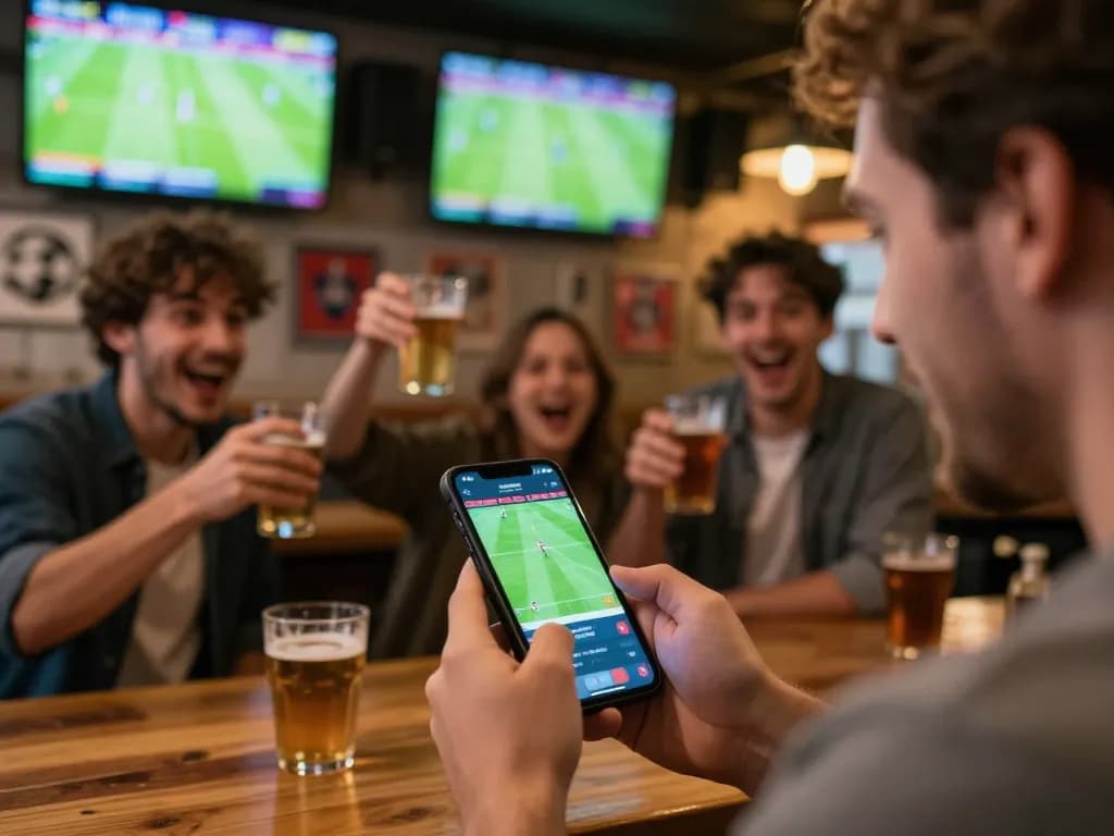 Excited bettor engaging in live soccerbetting at a sports bar with friends cheering