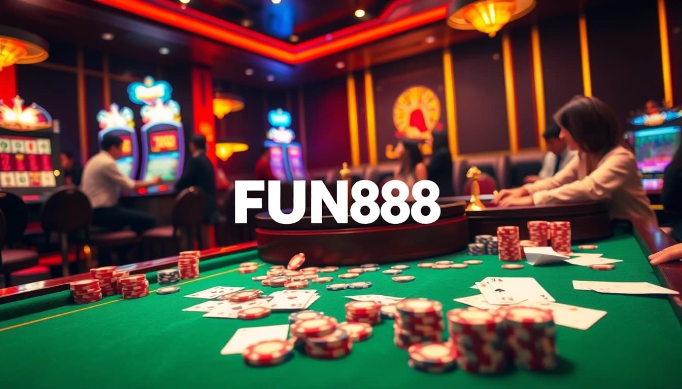 Players engaged in lively casino action showcasing FUN88's luxury gaming experience with vibrant tables and chips.